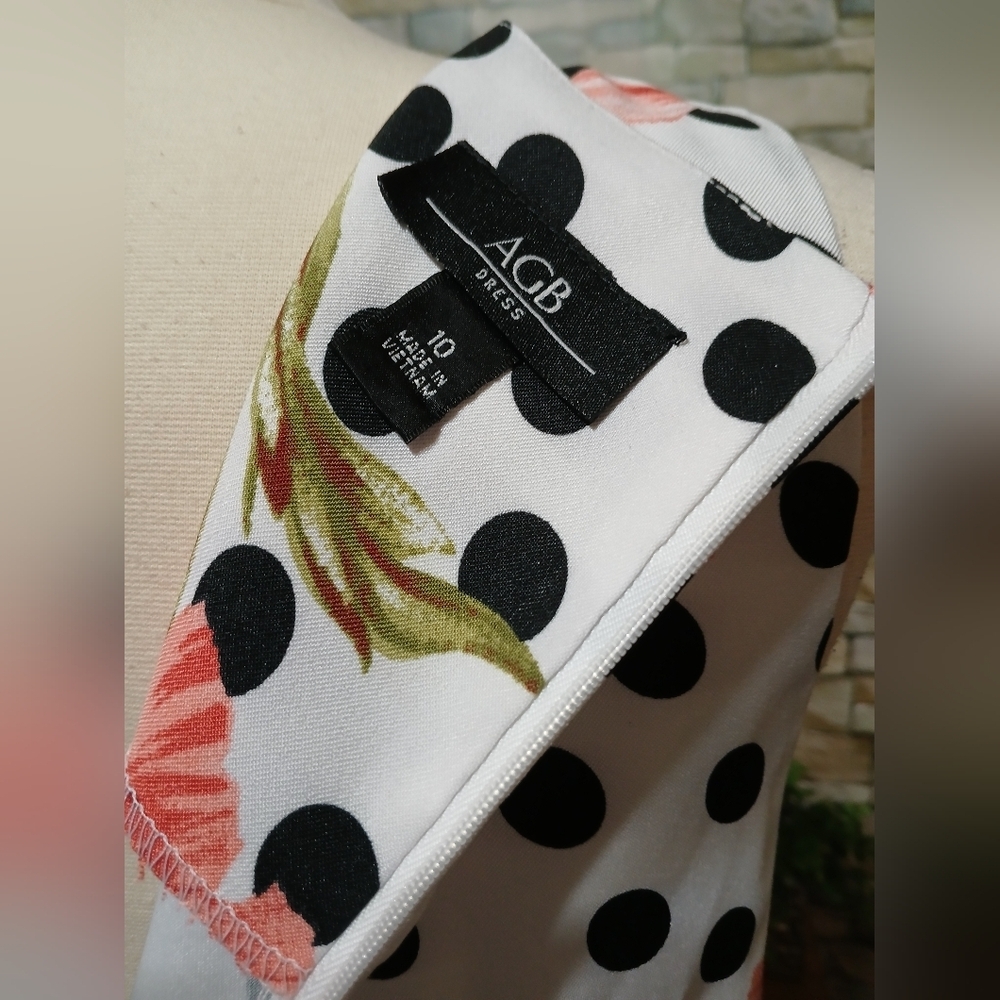 AGB Womens Size 10 Black White Polka Dot Floral Midi Dress Formal Feminine - Picture 6 of 6